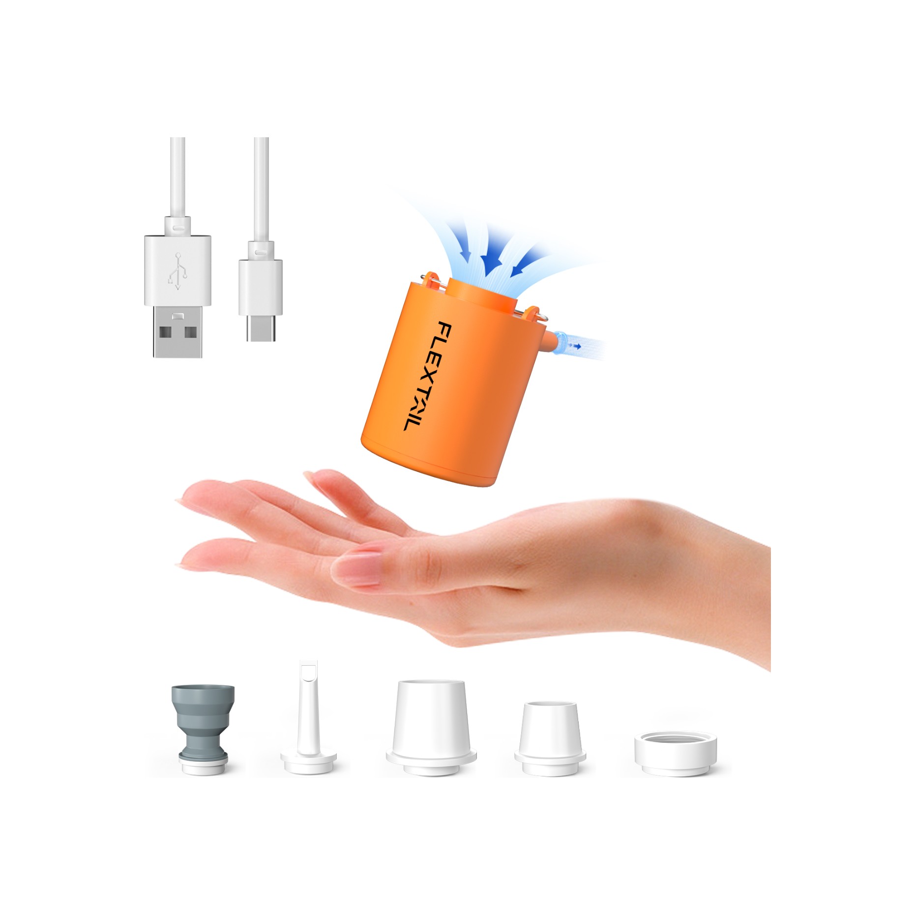 Pompka Flextail Tiny Pump 2024 pomarańczowa – w dłoni z końcówkami